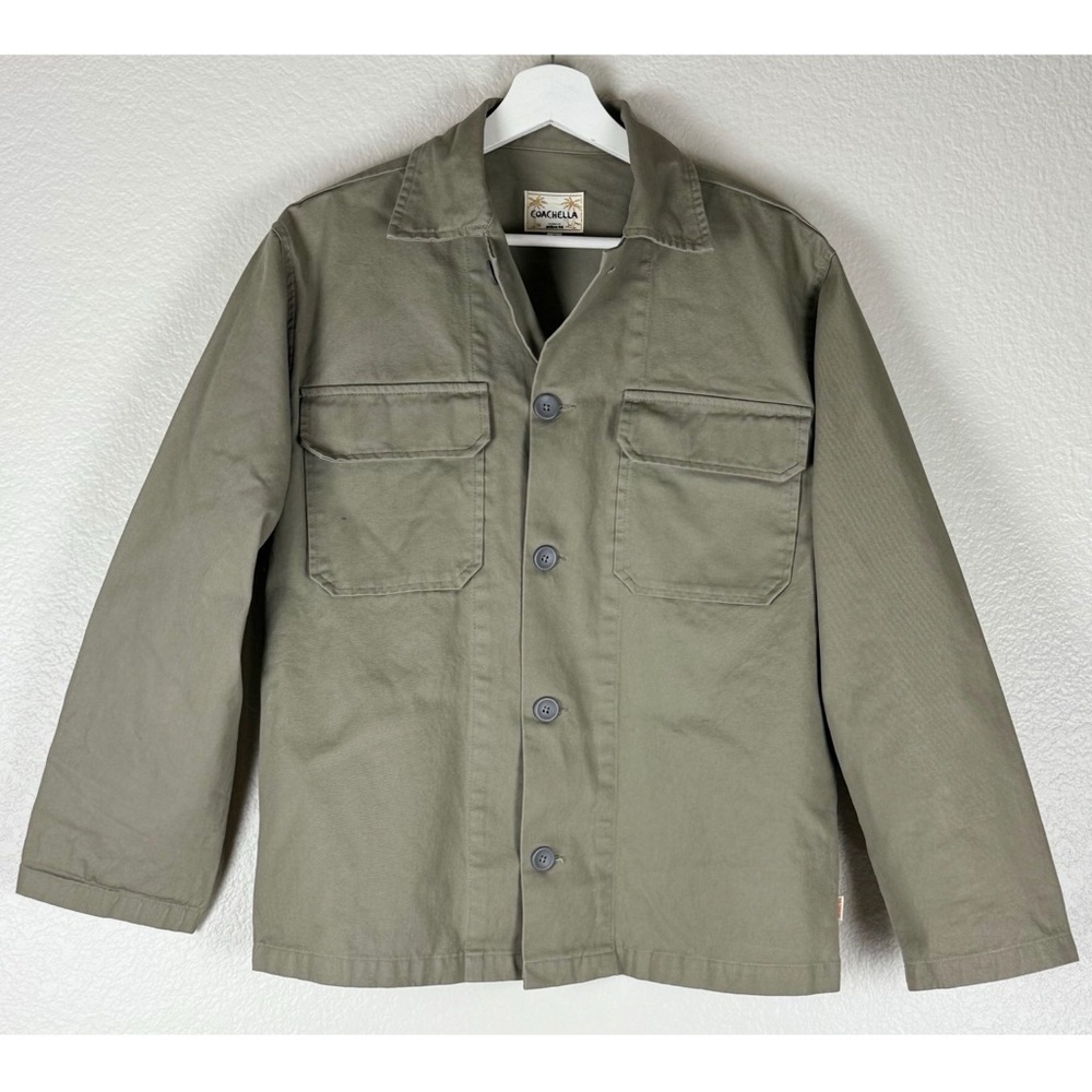 Coachella Army Green Heavy Weight Button Up Graphic Palm Trees Jacket size Small - Picture 5 of 12